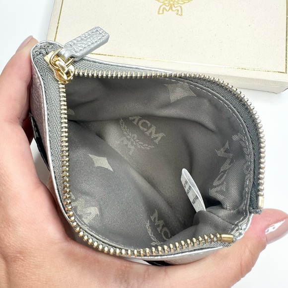 MCM Metallic Silver Visetos Leather Coin/Card
Pouch w/ Gold Keychain, NWT